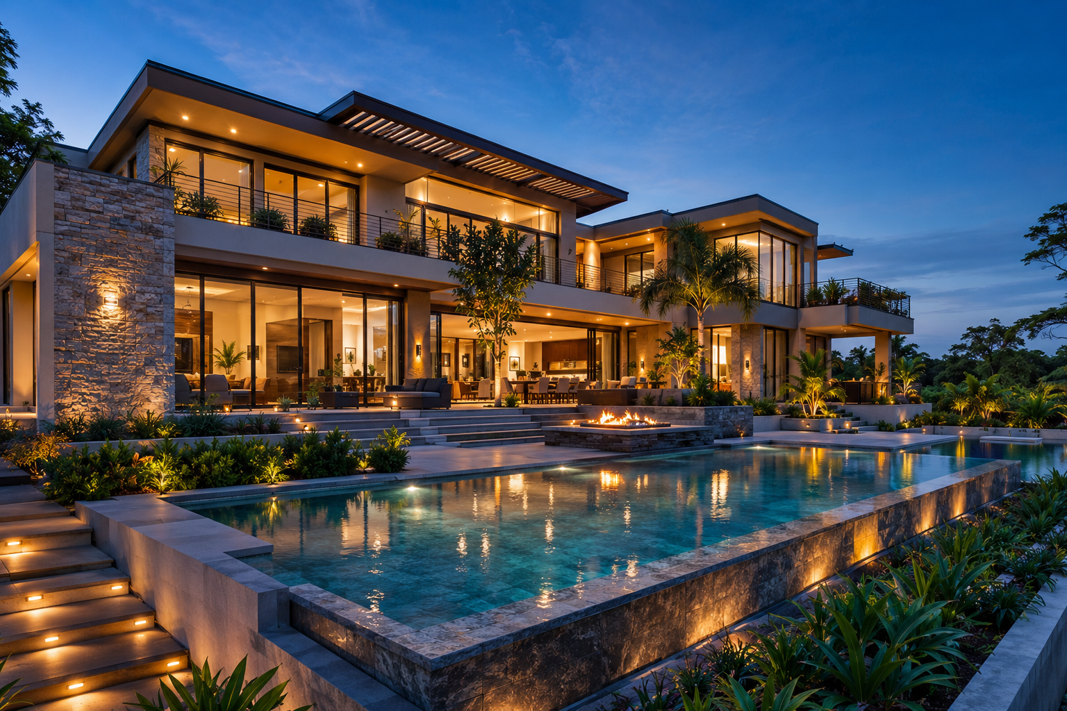 Modern Nairobi villa with pool illuminated at dusk